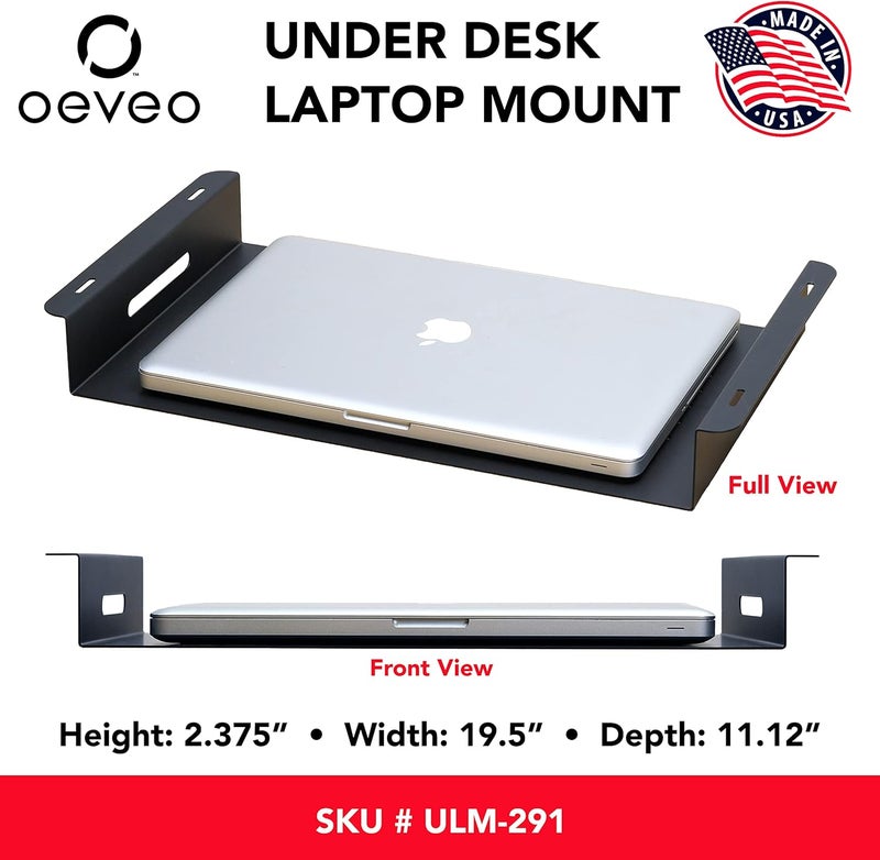 Oeveo Under Desk Laptop Mount - Black | Fits Laptops Up to 17"| 2.375" H x 19.5" W x 11.125" D | Metal Laptop Mount with Air Vents | ULM-291 | Made in America - Image 2